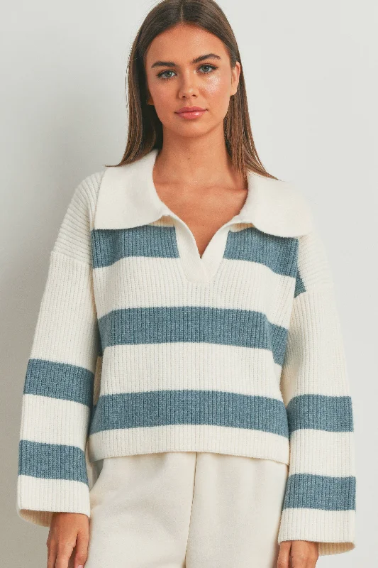 Stripe Wide Collar Sweater: Blue Hooded Sweater Collared Sweater Shawl Collar