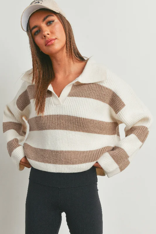 Stripe Collar Sweater: Taupe High Neck Crew Neck V-Neck