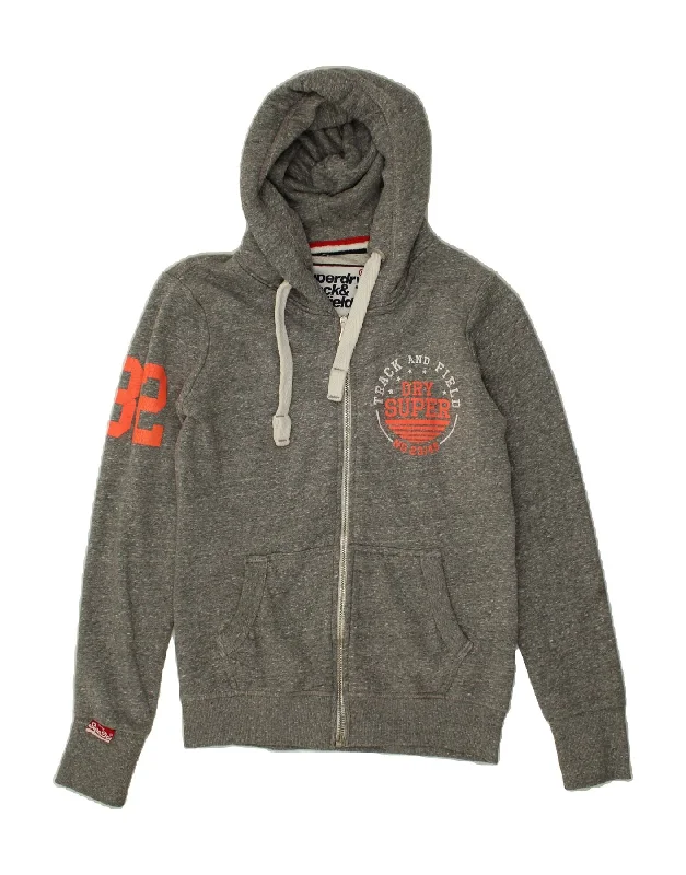 SUPERDRY Mens Graphic Zip Hoodie Sweater Small Grey Flecked Cotton Chenille Blend Fleece Blend Nylon Blend