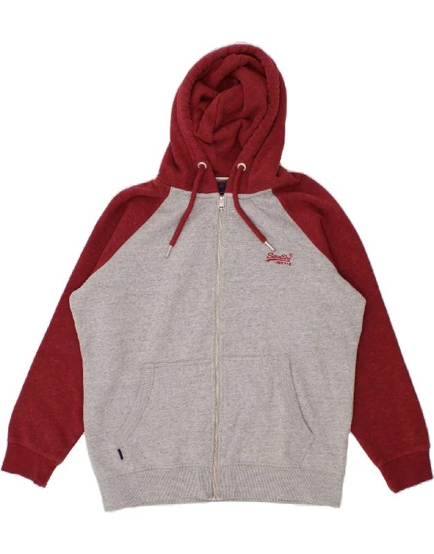 SUPERDRY Mens Zip Hoodie Sweater 2XL Grey Colourblock Cotton Faux Fur Fabric Real Fur Fabric Shearling Fabric
