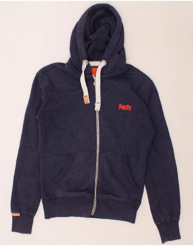 SUPERDRY Mens Zip Hoodie Sweater Small Navy Blue Cotton Fleece Fabric Down Fabric Feather Fabric