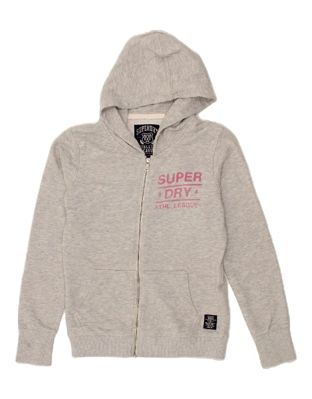 SUPERDRY Womens Graphic Zip Hoodie Sweater UK 10 Small Grey Cotton Ribbed Striped Patterned