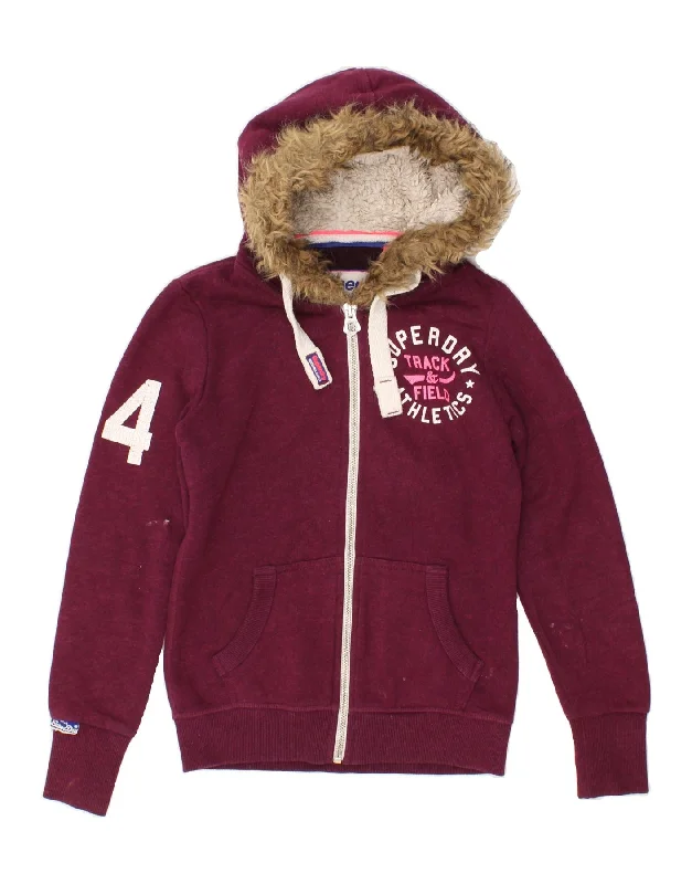 SUPERDRY Womens Graphic Zip Hoodie Sweater UK 10 Small Purple Layered Multi-layer Single Layer