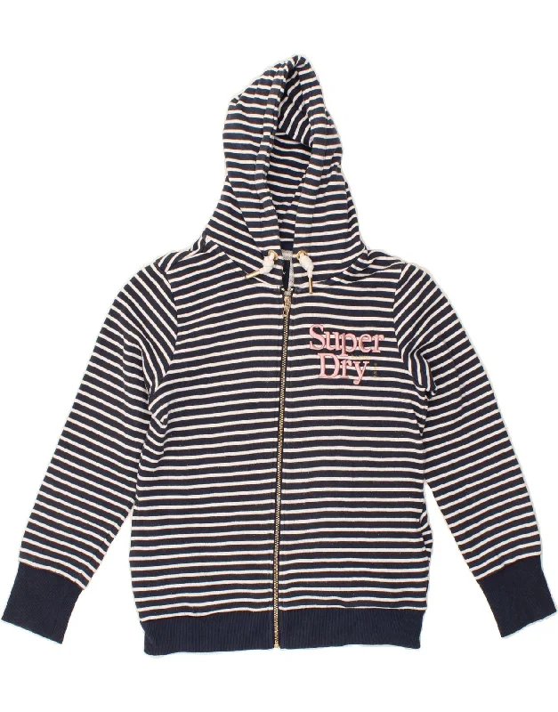 SUPERDRY Womens Graphic Zip Hoodie Sweater UK 14 Large  Navy Blue Striped Boat Neck Shawl Collar Notched Collar