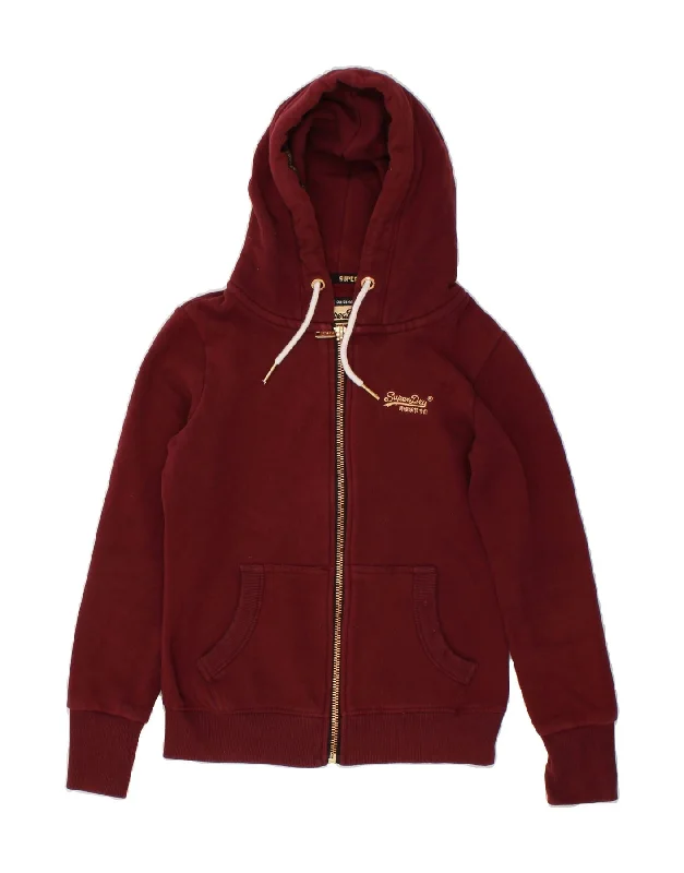 SUPERDRY Womens Zip Hoodie Sweater UK 10 Small  Burgundy Cotton Modern Contemporary Chic