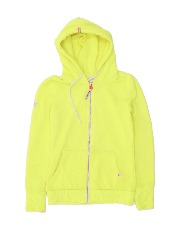 SUPERDRY Womens Zip Hoodie Sweater UK 10 Small Yellow Cotton Knit Fabric Woven Fabric Fleece Fabric