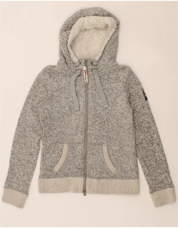 SUPERDRY Womens Zip Hoodie Sweater UK 12 Medium Grey Flecked Cotton Herringbone Houndstooth Plaid