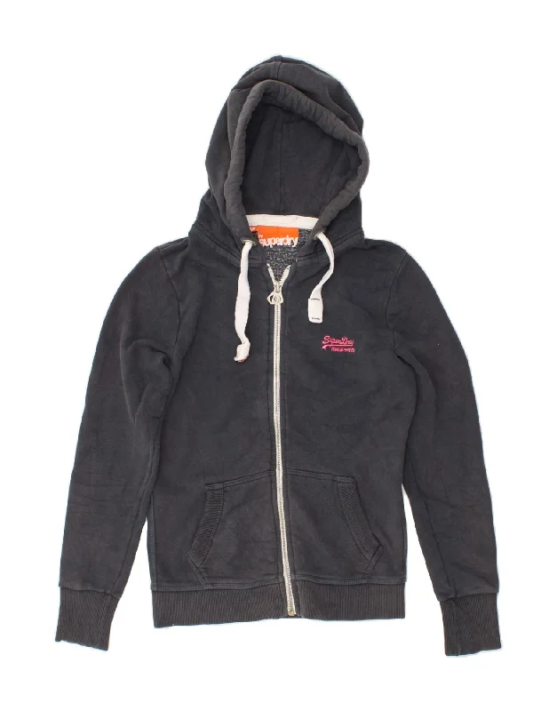 SUPERDRY Womens Zip Hoodie Sweater UK 12 Medium Navy Blue Cotton Fitted Slim Tailored