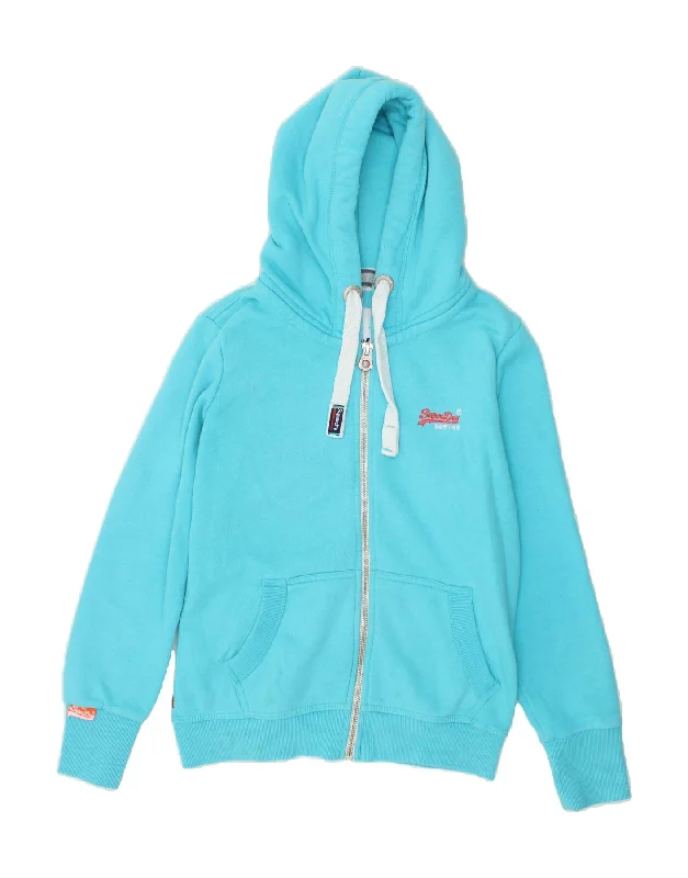 SUPERDRY Womens Zip Hoodie Sweater UK 14 Large Blue Cotton Plaid Sweater Polka Dot Checkered