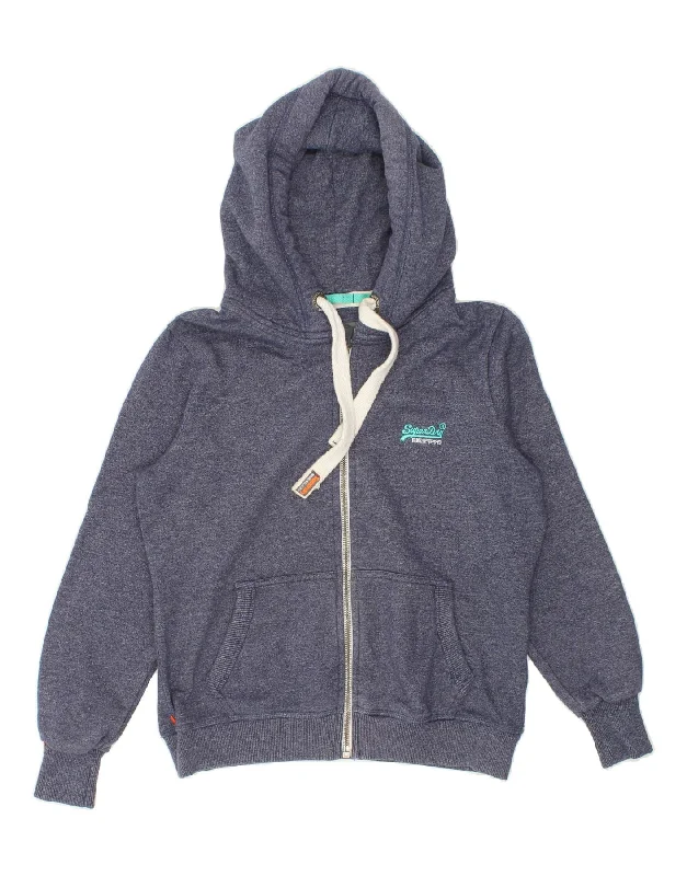 SUPERDRY Womens Zip Hoodie Sweater UK 16 Large Navy Blue Cotton Real Fur Shearling Chenille
