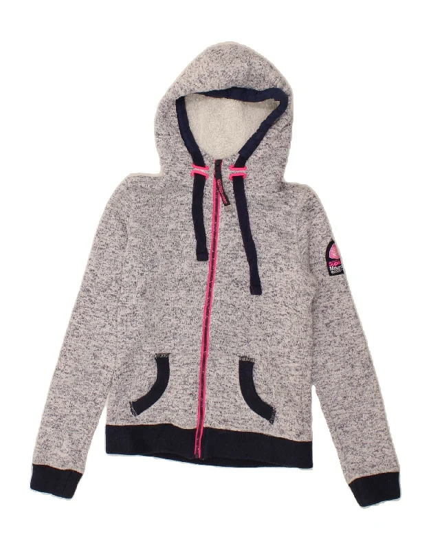 SUPERDRY Womens Zip Hoodie Sweater UK 6 XS Navy Blue Flecked Cotton Velvet Chenille Corduroy