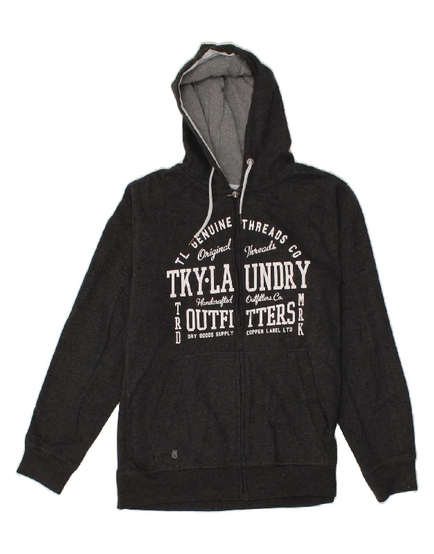 TOKYO LAUNDRY Mens Graphic Zip Hoodie Sweater Large Grey Cotton Houndstooth Herringbone Solid