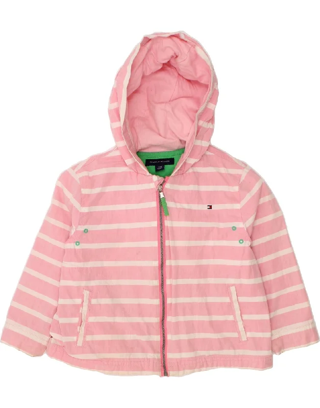 TOMMY HILFIGER Girls Zip Hoodie Sweater 3-4 Years Pink Striped Nylon Lightweight Heavyweight Midweight