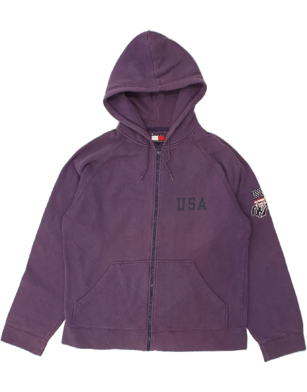 TOMMY HILFIGER Mens Graphic Zip Hoodie Sweater Medium Purple Cotton Front Pockets Side Pockets Patch Pockets
