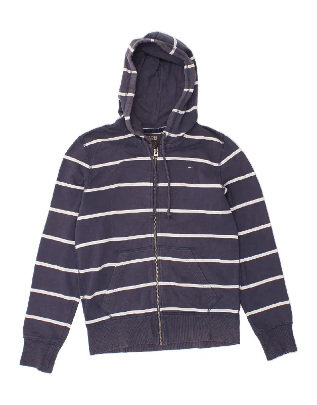 TOMMY HILFIGER Mens Zip Hoodie Sweater Medium Navy Blue Striped Cotton Lace Blend Ribbed Blend Corduroy Blend