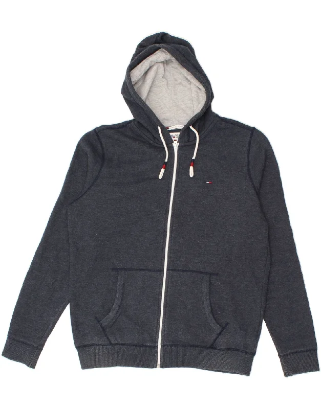 TOMMY HILFIGER Mens Zip Hoodie Sweater XL Navy Blue Cotton Fitted Loose Oversized