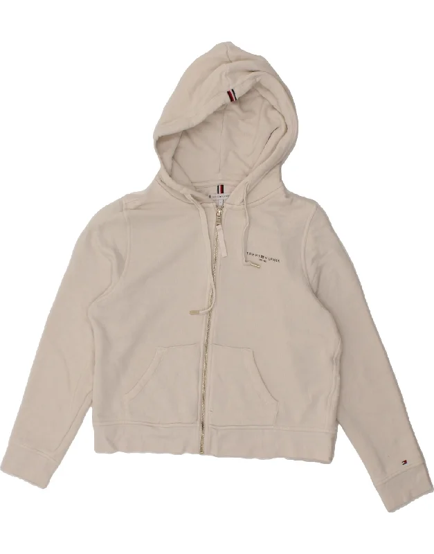 TOMMY HILFIGER Womens Crop Zip Hoodie Sweater UK 10 Small White Cotton Notch Collar Peter Pan Collar Cowl Neck