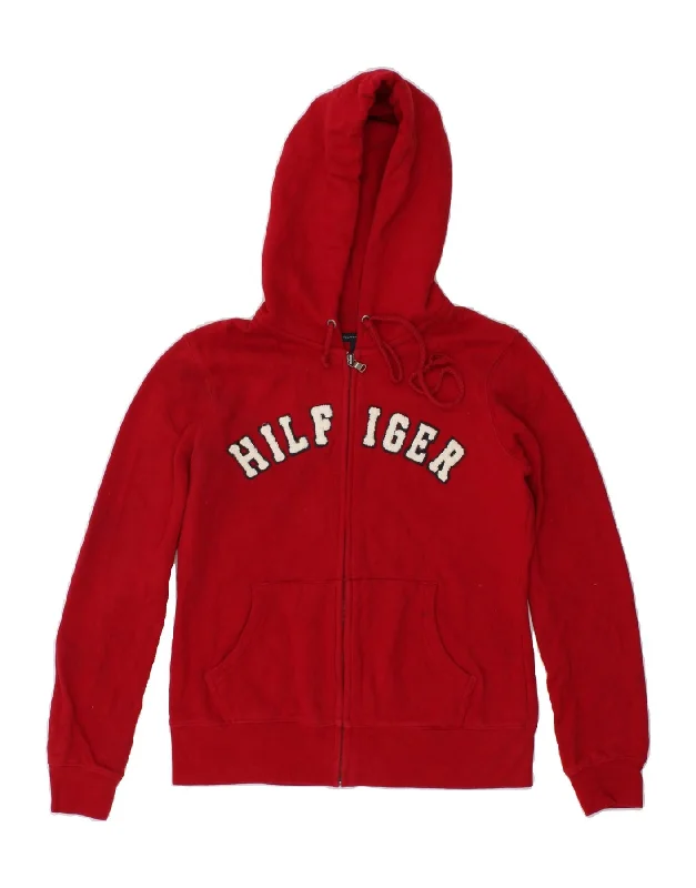 TOMMY HILFIGER Womens Graphic Zip Hoodie Sweater UK 6 XS Maroon Cotton Plaid Sweater Polka Dot Checkered