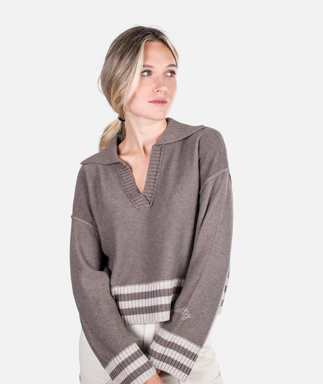 Tybee Henley Sweater - Brown Ribbed Striped Patterned