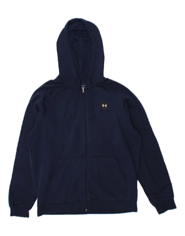 UNDER ARMOUR Mens Zip Hoodie Sweater Large Navy Blue Cotton Denim Fabric Leather Fabric Suede Fabric