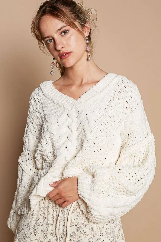 V-neck Chenille sweater - Cream Cotton Fabric Linen Fabric Terry Fabric