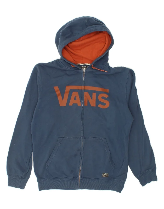 VANS Mens Graphic Zip Hoodie Sweater Large Navy Blue Cotton Hooded Sweater Collared Sweater Shawl Collar