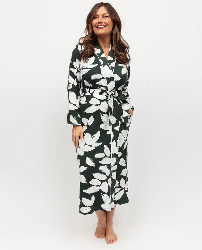 Anne Womens Lace Trim Leaf Printed Jersey Long Dressing Gown empire Waist empire