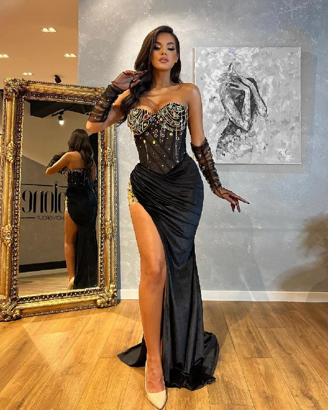 Black Velvet Dress with Side Slit & Tulle Gloves Tunics Fleece cozy