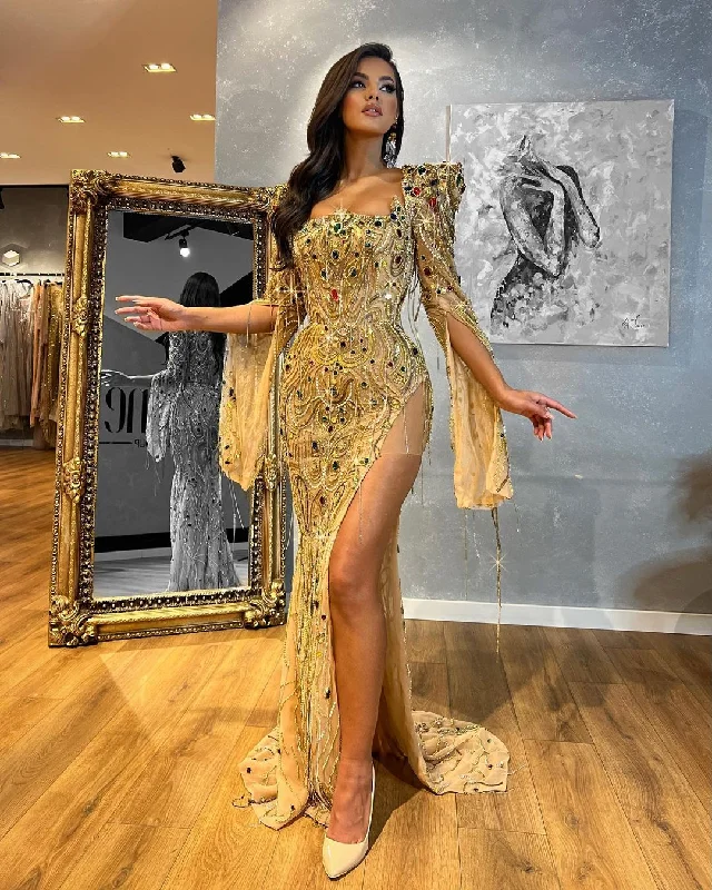 Cape Sleeves Gold Embellished Dress with Side Slit Tunics Corduroy durable