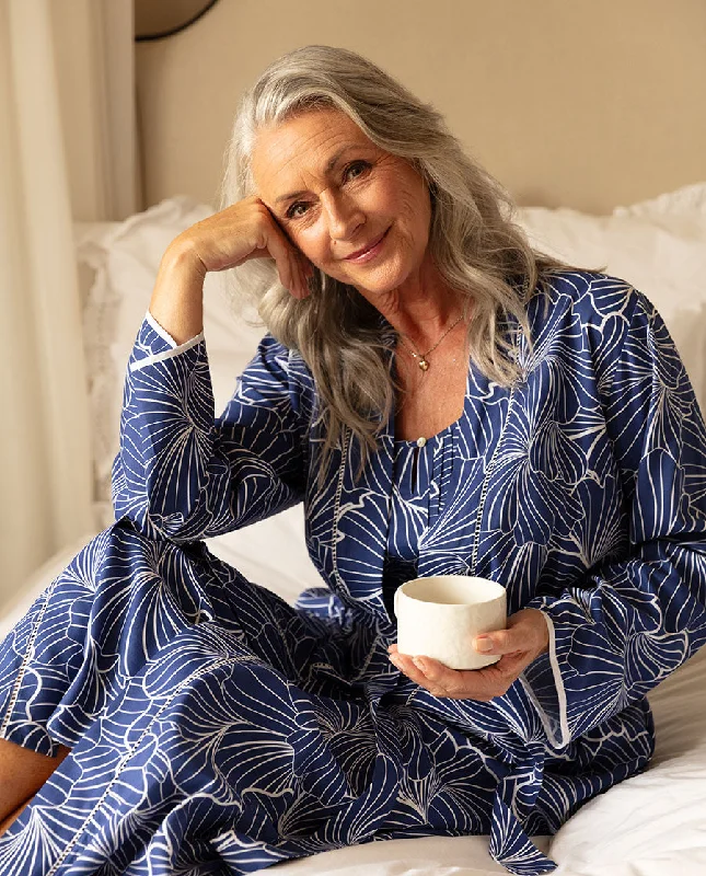 Cecilia Lace Trim Shell Geo Print Long Dressing Gown Crew Neckline Sporty