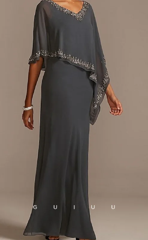 GM040 - Sheath V Neck Floor Length Chiffon Half Sleeve Beaded  Mother of the Bride Dress Cape Dress Wedding Guest Tunics Mesh breathable