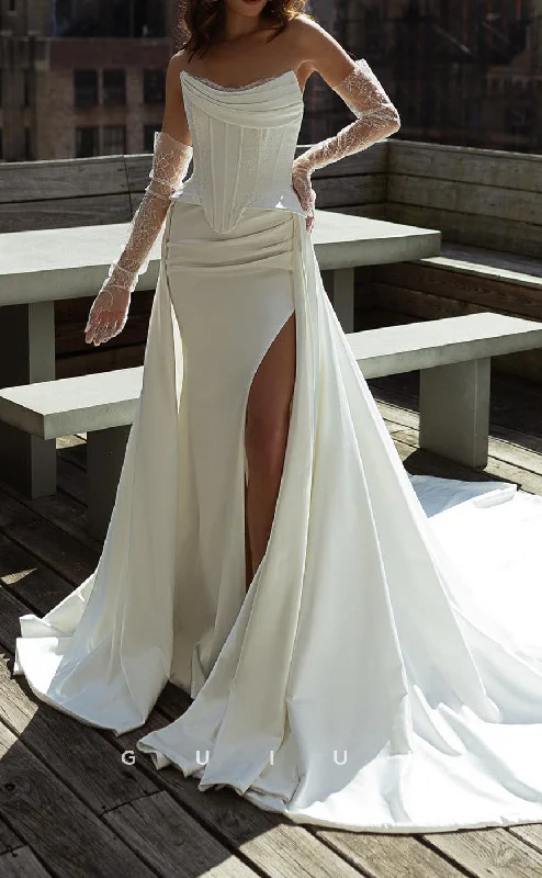 GW1004 - Sheath Boat Neck Long Lace Gloves Pleated Stain Wedding Dress with Train and High Side Slit Tunics Spring floral