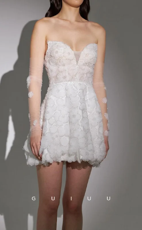 GW981 - A-Line Strapless Long Gloves Fully Lace Boho Wedding Dress Tunics Prom sequined