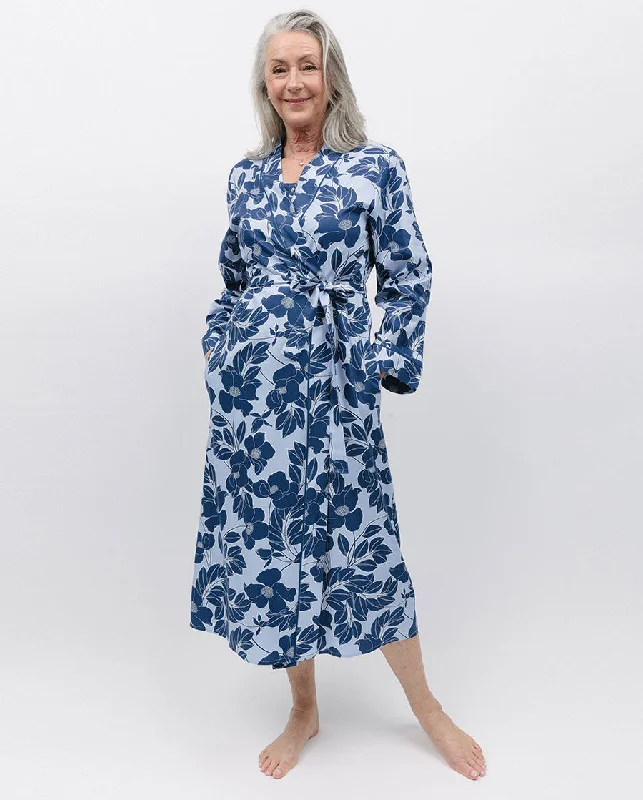 Evette Blue Floral Print Long Dressing Gown Tunics Solid Classic