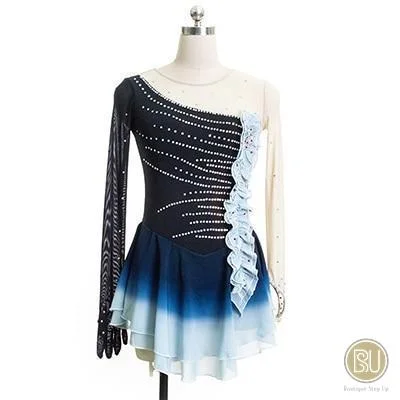 Figure Skating Dress One Black Sleeves with Gloves Black Navy Ombre Tunics Modern contemporary