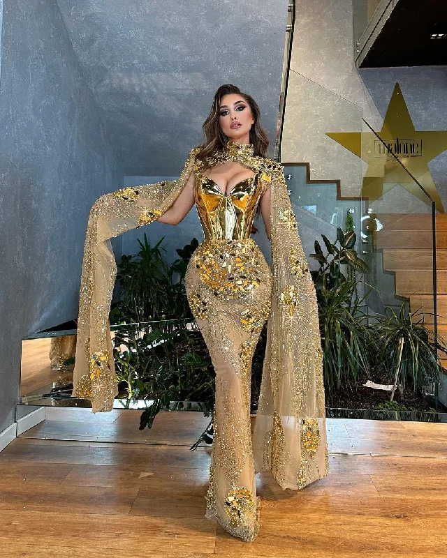 Gold Metallic Corset Embroidered Dress with Cape Sleeves Tunics Solid Classic