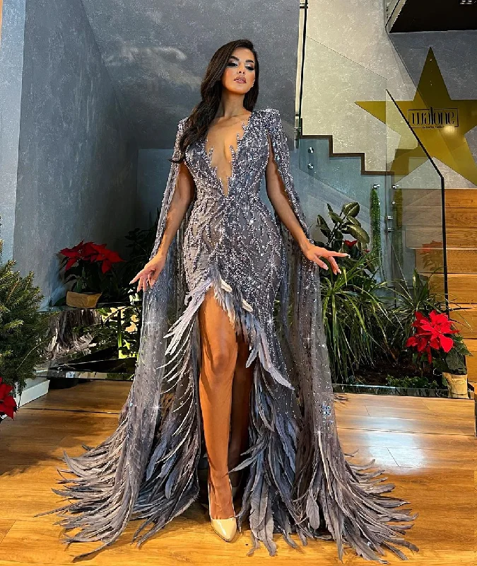 Gray Embellished Feathered Dress with Cape Sleeves Tunics Velvet soft