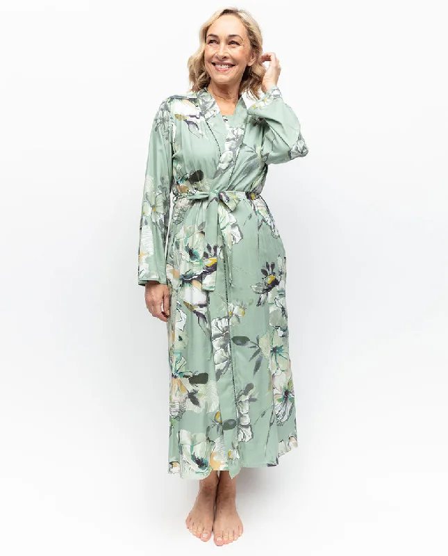 Julia Lace Trim Floral Print Long Dressing Gown Crew Neckline Casual