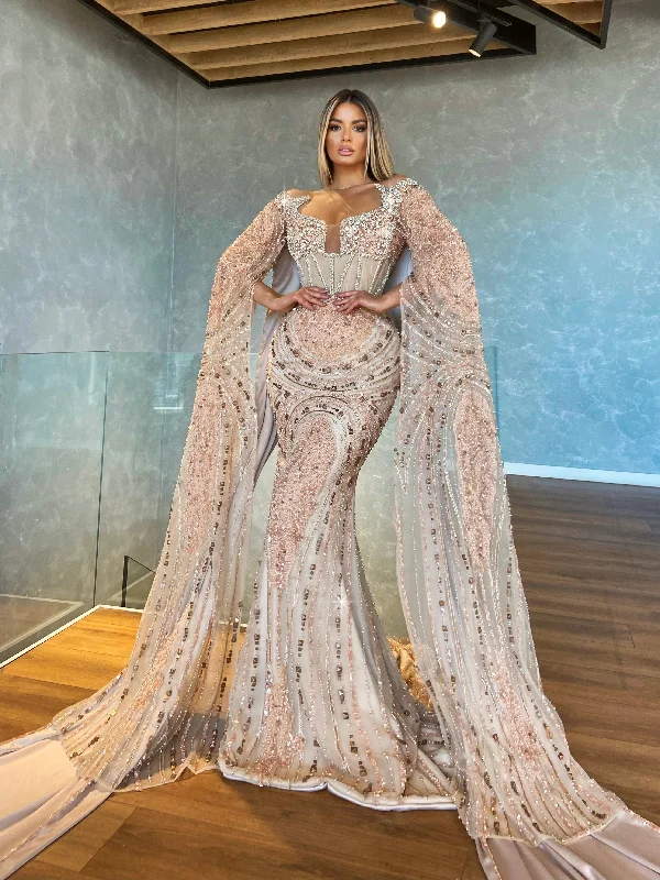 Light Pink Embroidered Dress with Cape Sleeves Tunics Party sparkling