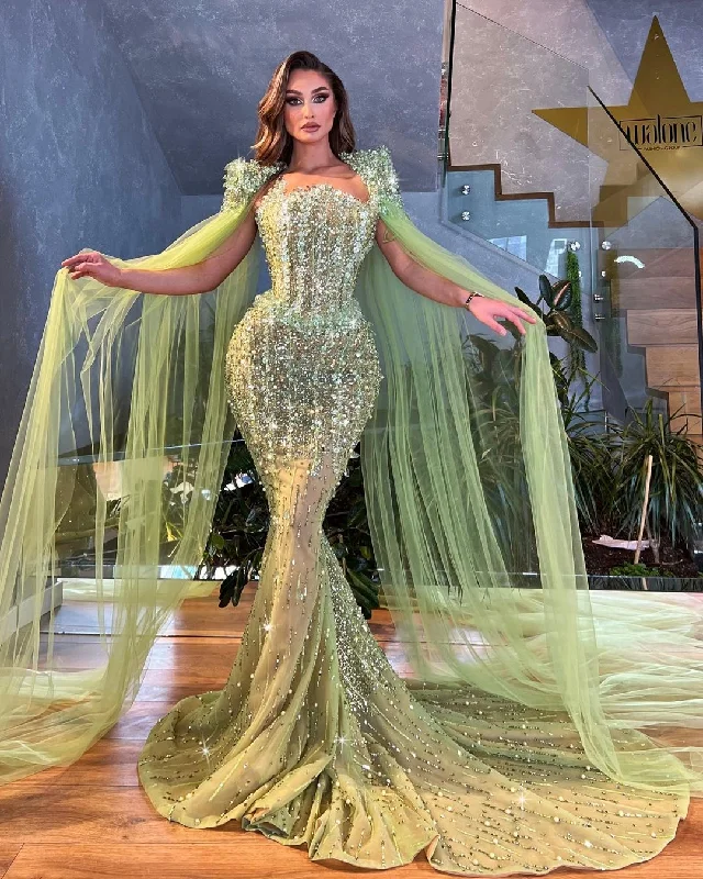 Lime Crystal Mermaid Dress with Tulle Cape Sleeves Tunics Print Colorful