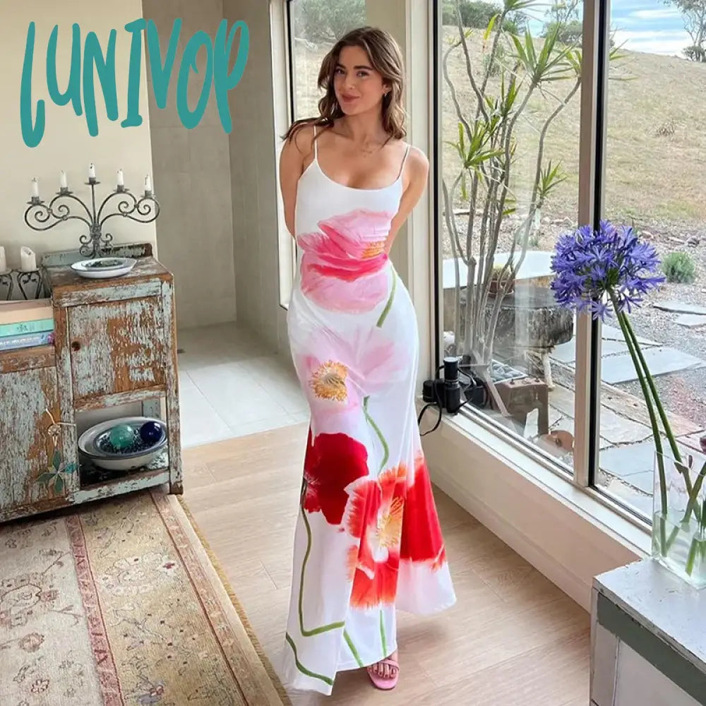 Lunivop 2024 Floral Prom Long Dress For Women Beach Holiday Backless Boho Elegant Coquette Dresses Summer Sleeveless Vestidos Tunics Chic elegant