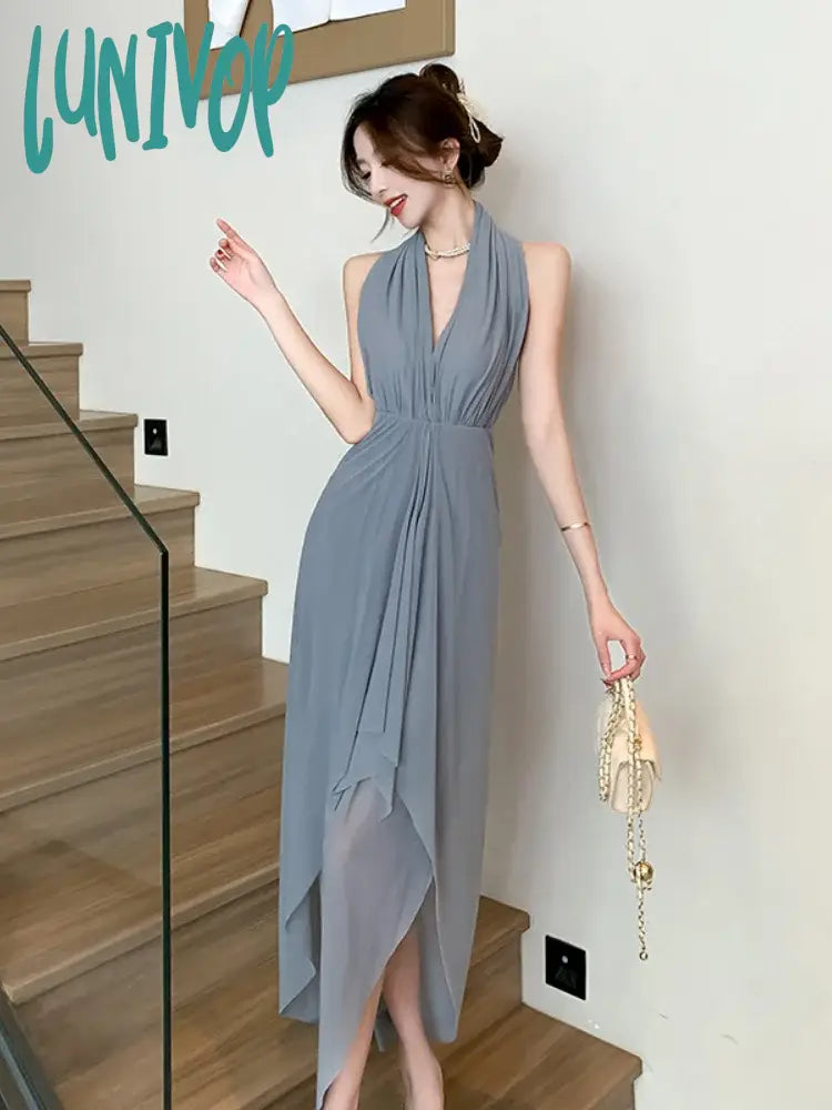 Lunivop 2024 New French Summer Vintage Slim Sleeveless V Neck Strapless Long Dresses Sexy Fashion Backless Irregular Women's Prom Dress Tunics Review highly