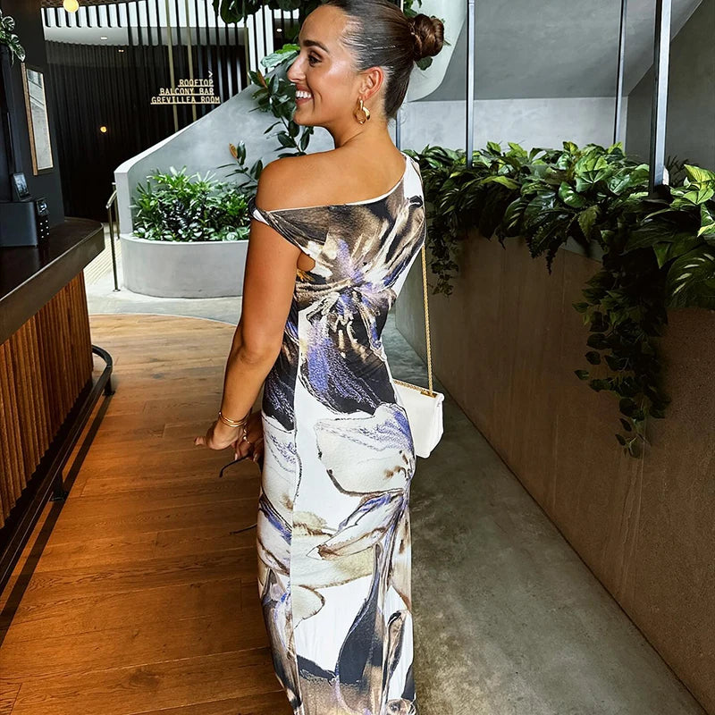 Lunivop Abstract Floral Print One Shoulder Long Dresses Elegant Sexy Wedding Party Summer Dress For Women 2024 Tunics Practical easy-care