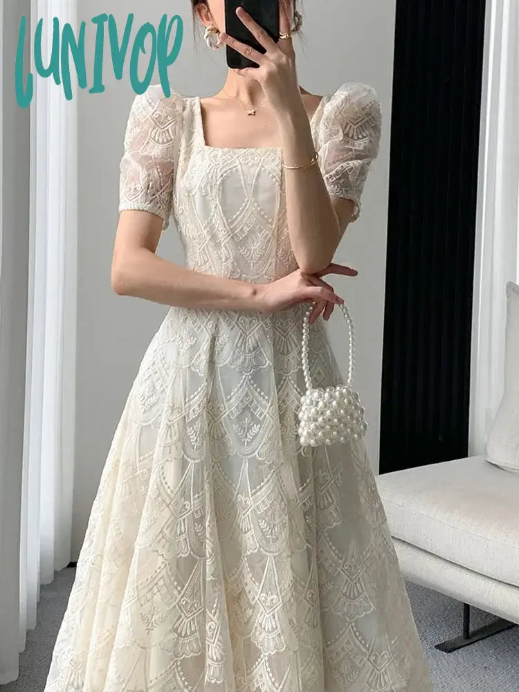 Lunivop Elegant Beige Lace Long Dress for Women Princess Sleeve Vintage Fairycore Solid Square Collar Evening Party Prom Vestidos Tunics Summer linen