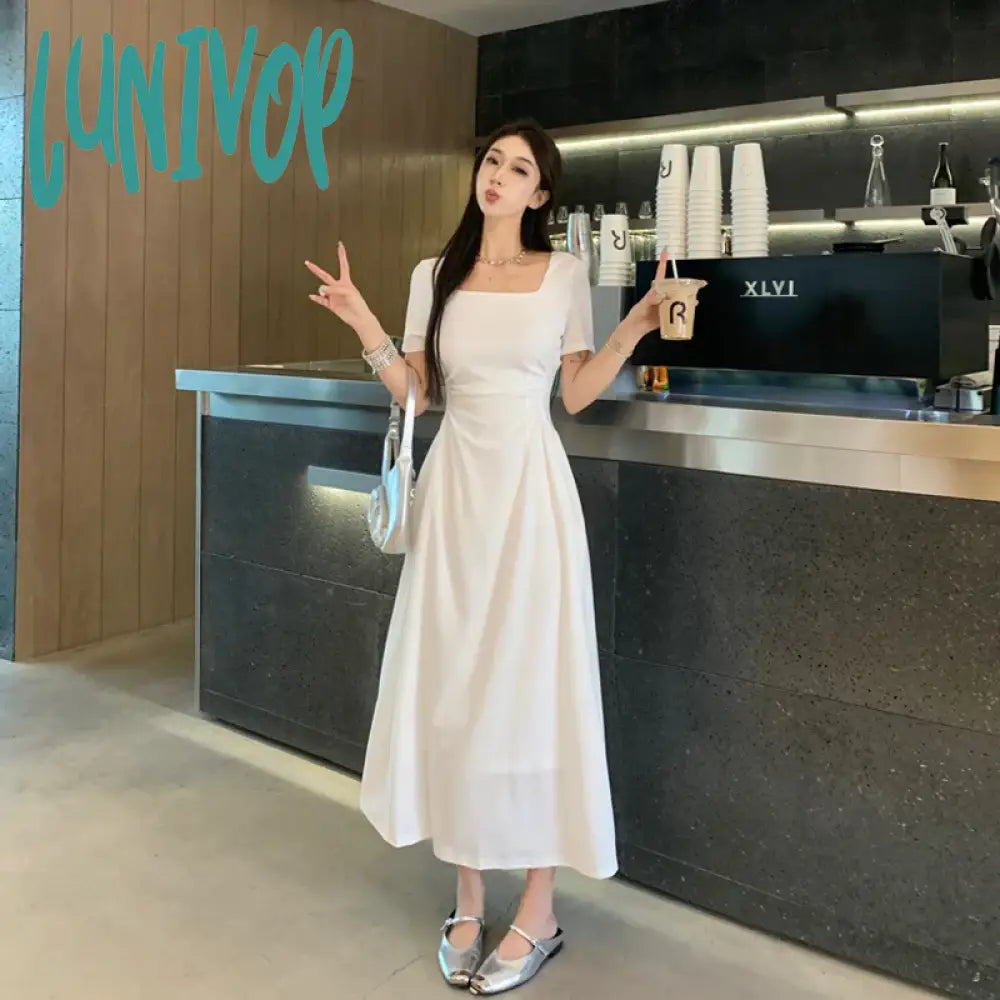 Lunivop French Elegant Black White Dress For Women Summer Square Collar Short Sleeve Slim Long Dress Evening Party Vintage Dresses Tunics Exclusive limited