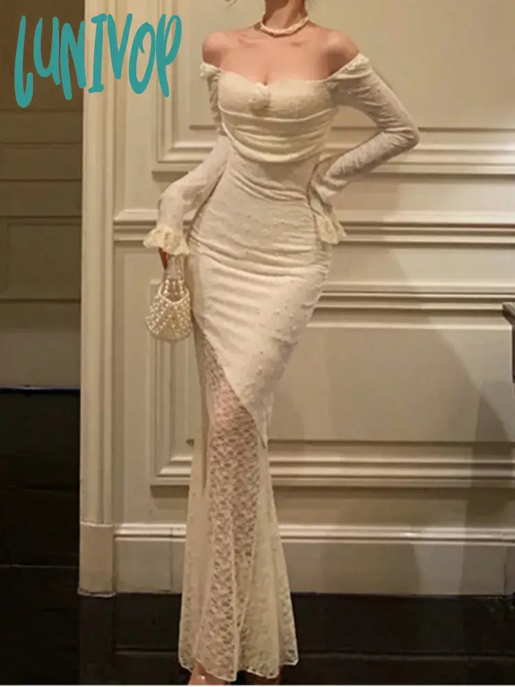 Lunivop Sexy Solid Lace Long Dresses For Women Off Shoulder Bodycon Mermaid Autumn Spring Birthday Evening Party Prom Robe Vestidos New Tunics Custom made