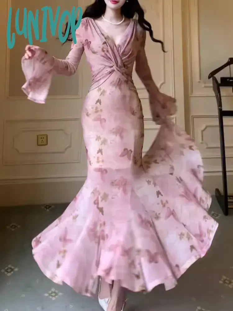 Lunivop Spring Summer Women Bodycon Slim Print Long Dress Vintage Chic Elegant Fishtail Party Birthday Prom Robe Female Vestidos New Tunics Designer luxury