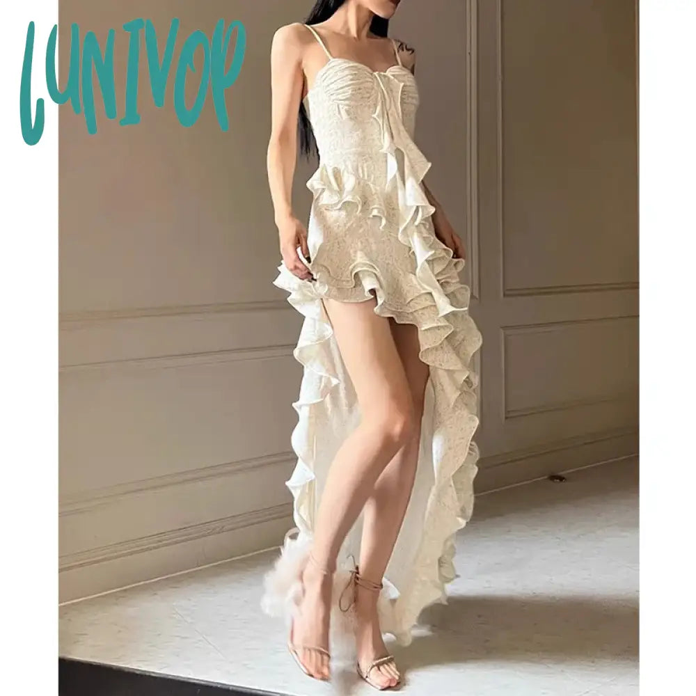 Lunivop Vintage Sexy Women Dress Bodycon Ruffles Spaghetti Strapped Elegance Ladies Dresses Evening High Waisted Party Clothing Tunics Vintage classic