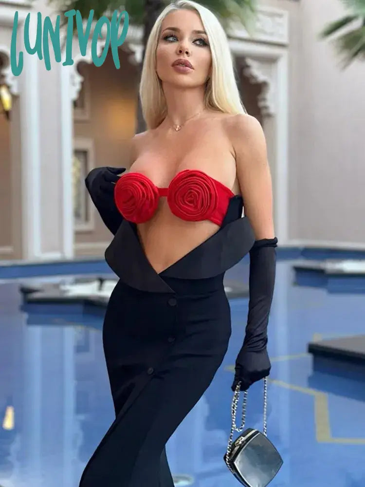 Lunivop Women Summer Luxury Sexy Strapless Cut Out Flower Gloves Black Maxi Long Gowns Elegant Evening Party Club Dress Tunics Office stylish