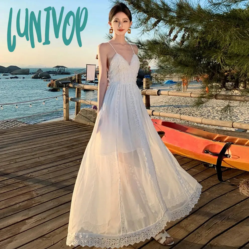 Lunivop Women White Lace Spaghetti Straps Backless Summer V-neck Bandage Fairy Long Dress Sexy Club Birthday Party Evening Sundress Chic Tunics Sale discount